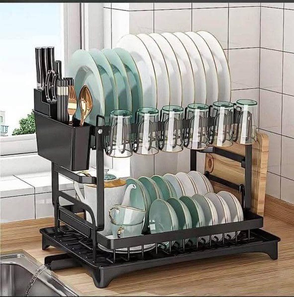 2-Tier Stainless Steel Dish Rack with Cup Holder - Expandable Kitchen Organizer