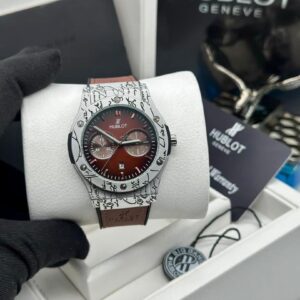 Hublot Classic Fusion Chronograph Silver Watch with Reddish-Brown Dial & Brown Leather Strap